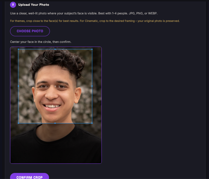 Alter8 portrait generation flow on mobile showing face crop tool with purple bounding box and Confirm Crop button for Mafia theme