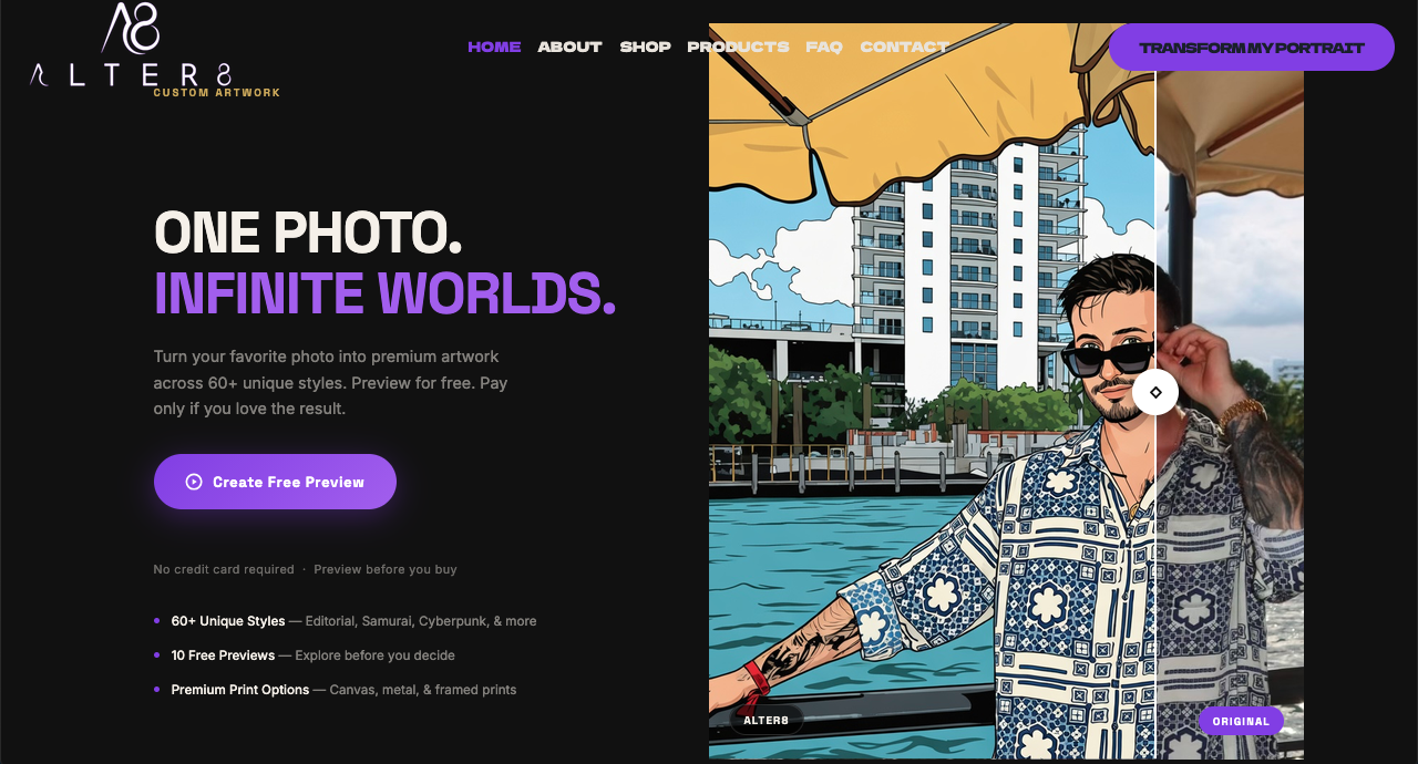 Alter8 homepage showing the brand logo, hero headline Your Portrait Infinite Worlds, and Transform My Portrait CTA button
