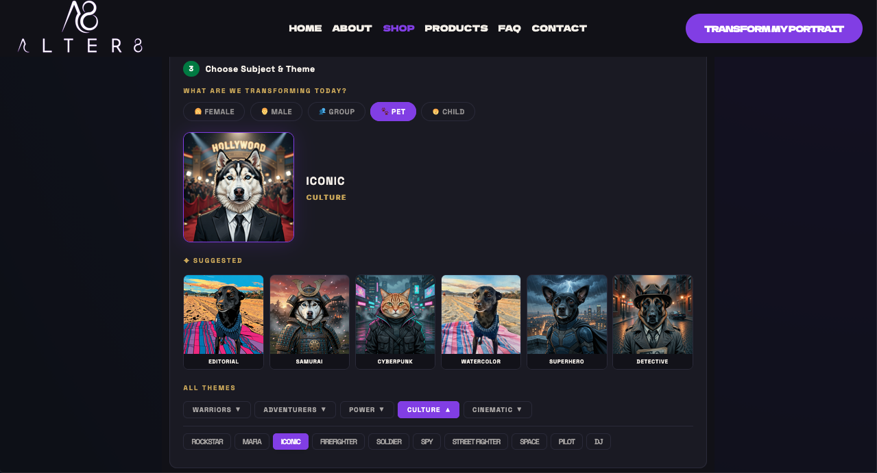 Alter8 Shop page showing Explore Themes section with Cyberpunk male portrait selected and theme chips for Warriors, Adventurers, Power, and Culture arcs